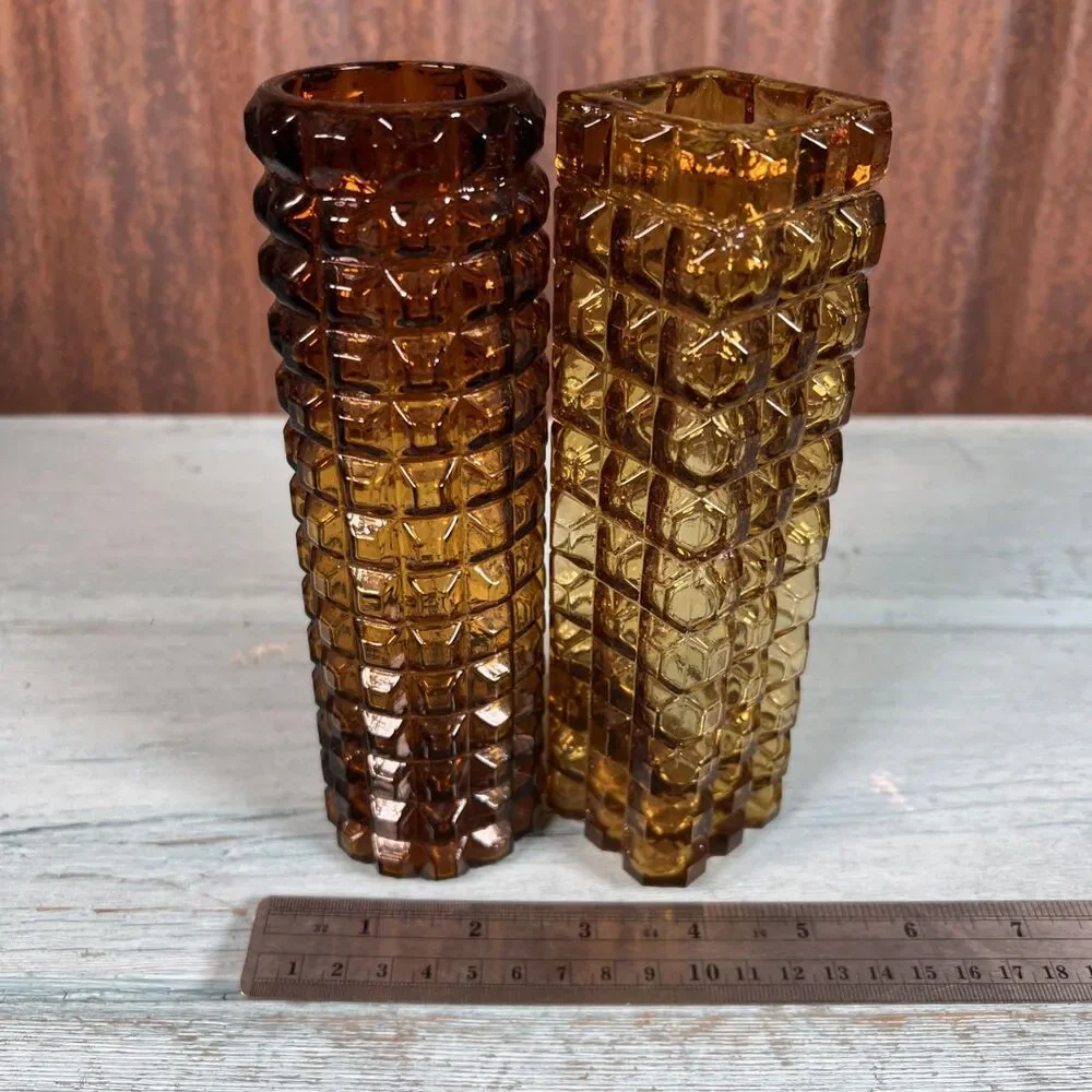 Vintage Mid Century Amber Glass Vases Pair Brutalist Geometric Textured MCM 70s